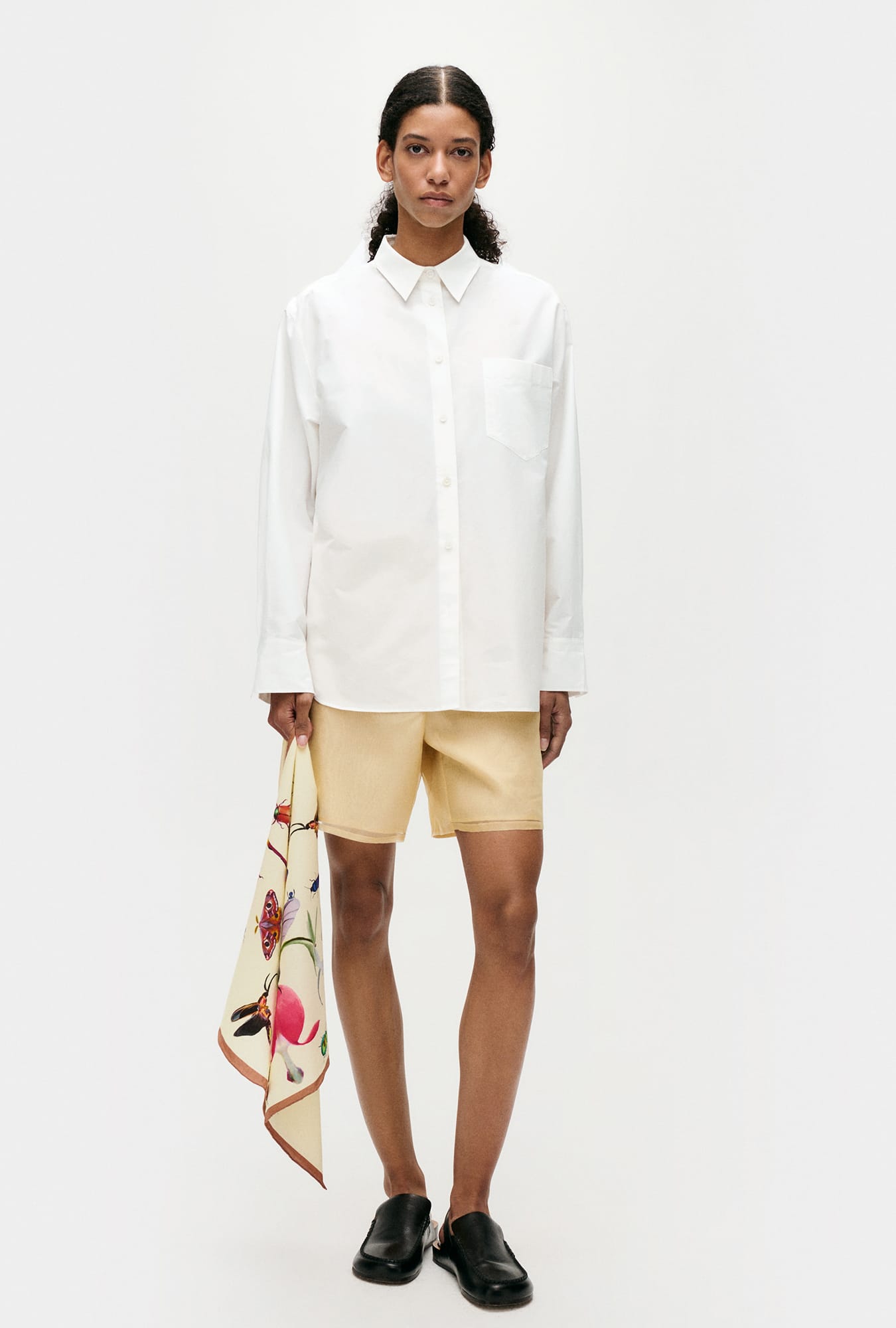 Chemise plissée à empiècement en coton et soie blanc