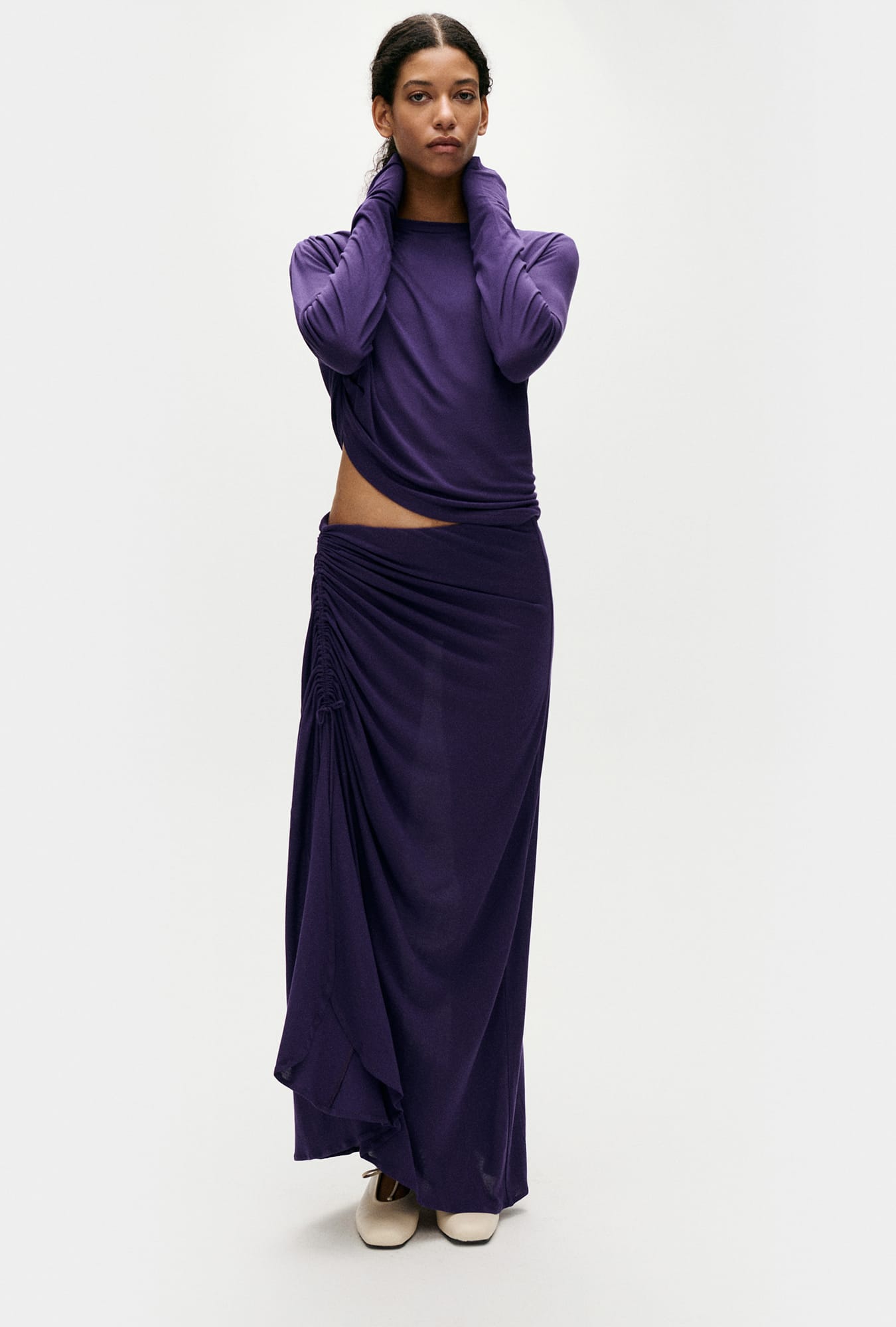 Jupe froncée en jersey modal, coloris prune