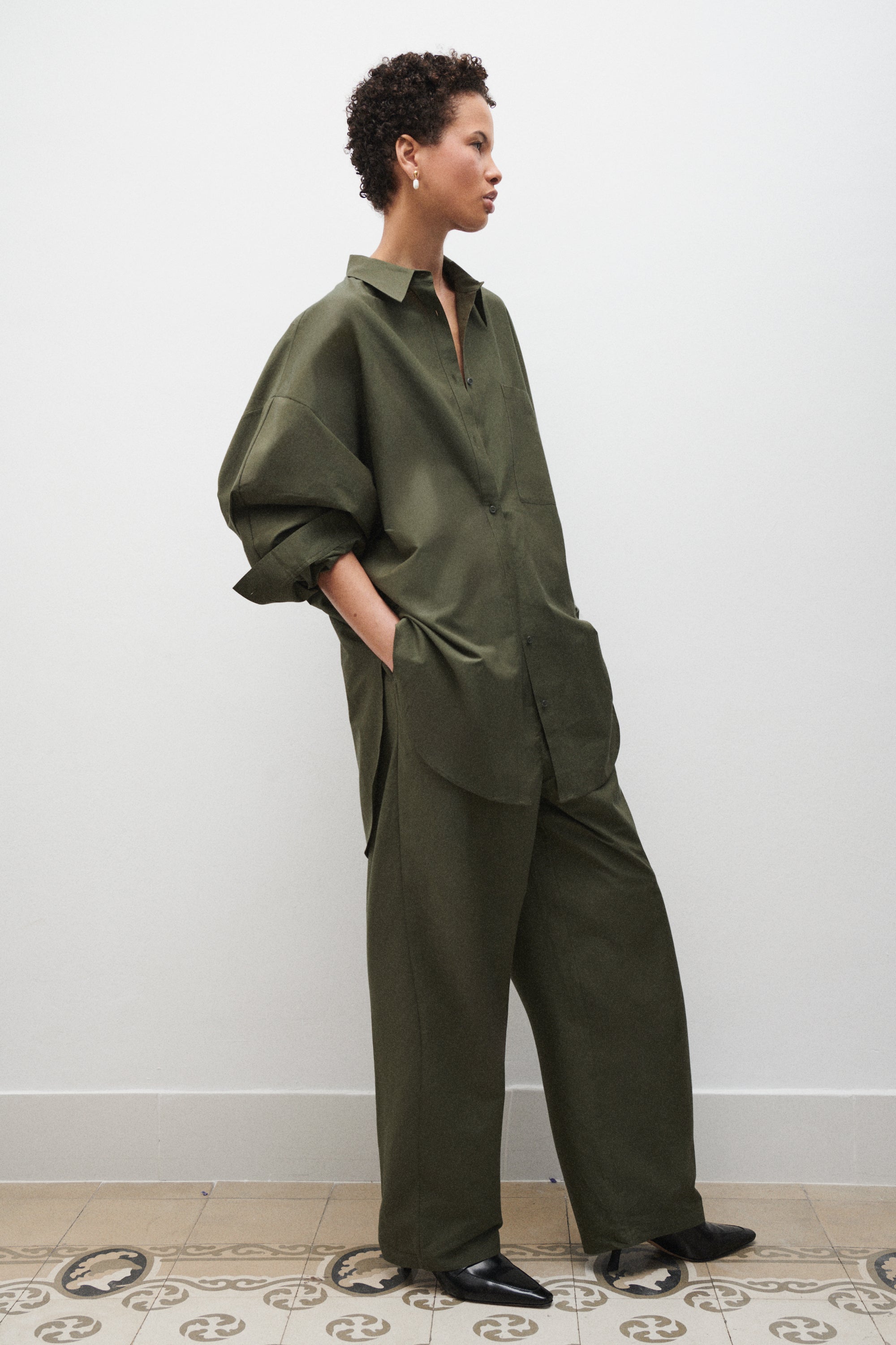 Cotton Silk Round Shirt Pine