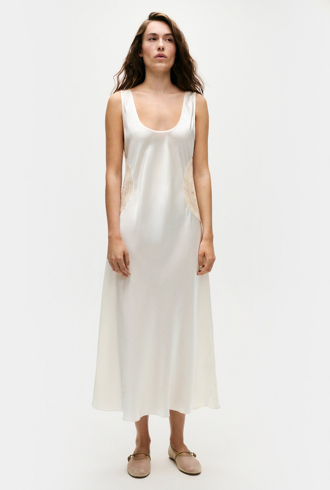 Robe Col Rond à Napperons Écru