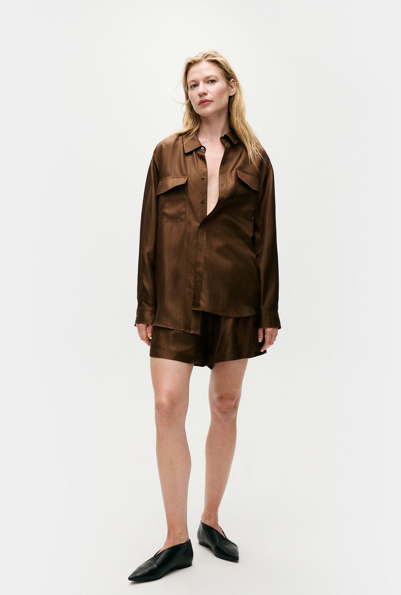 Chemise Boyfriend En Sergé À Rayures Fines Earth Foncée
