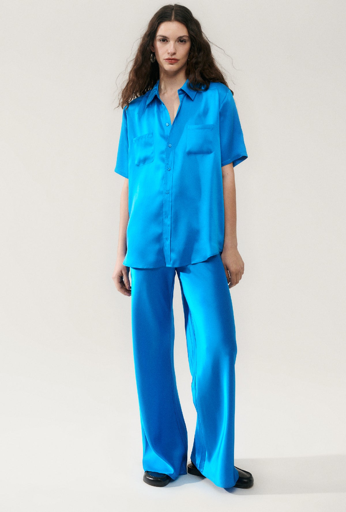 Chemise boyfriend à manches courtes bleu côte