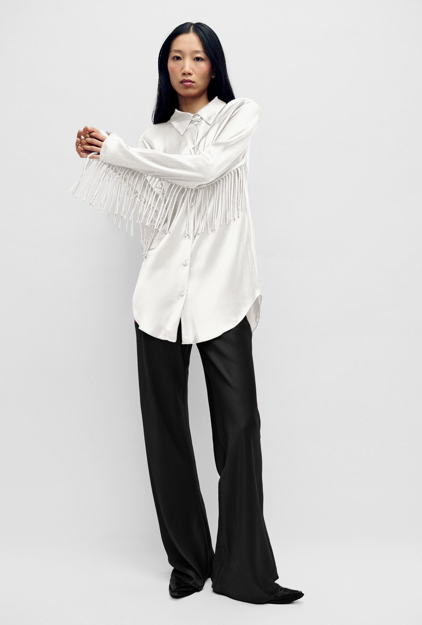 Chemise Blanche Coupe Asymétrique à Franges