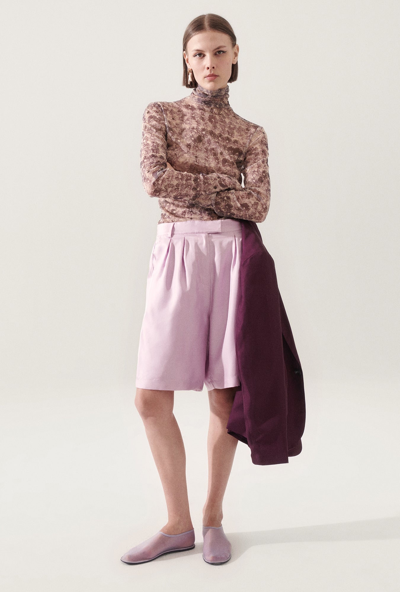 Shorts double plissé en sergé lilas