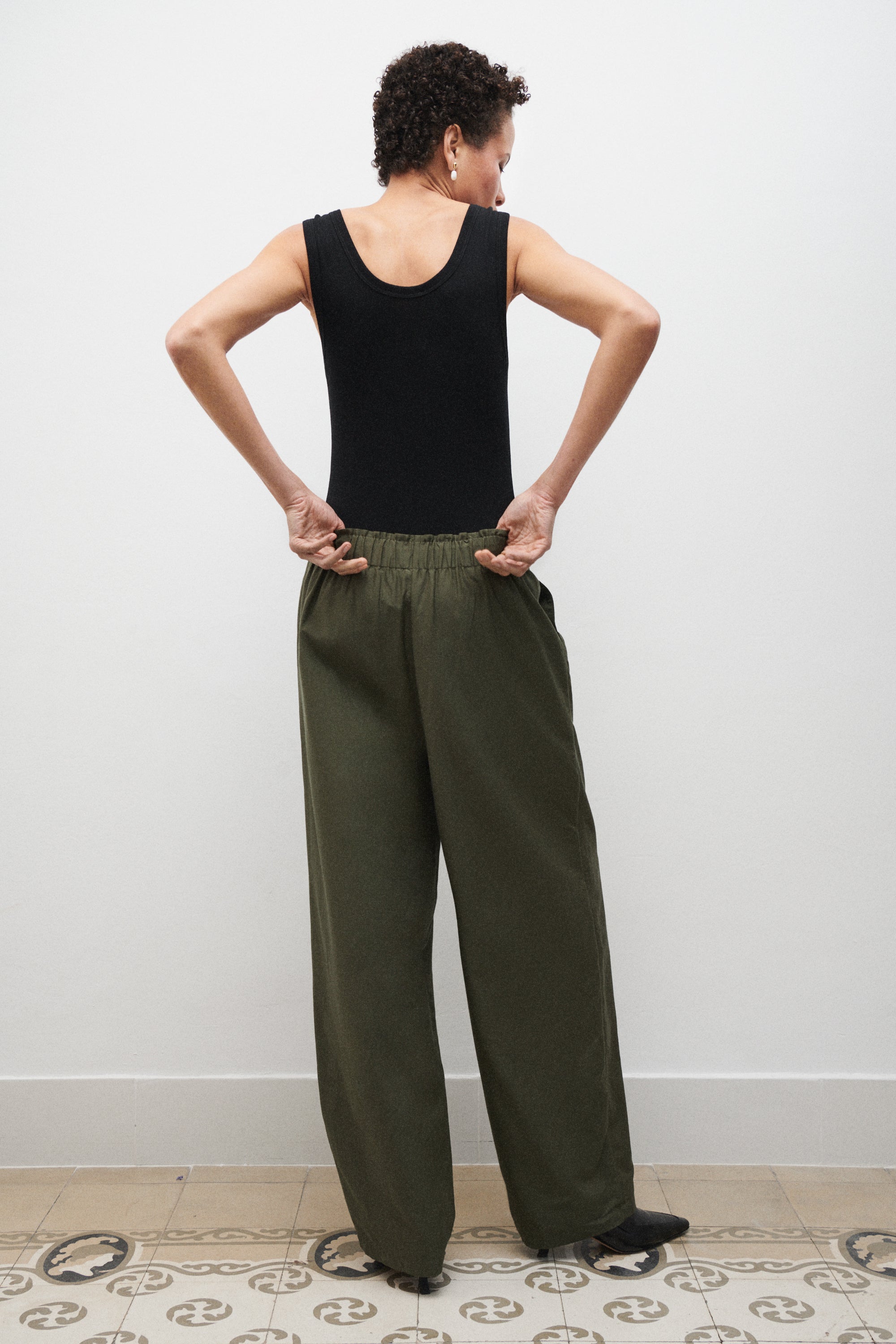 Pantalon Paper Bag en soie de coton couleur pin