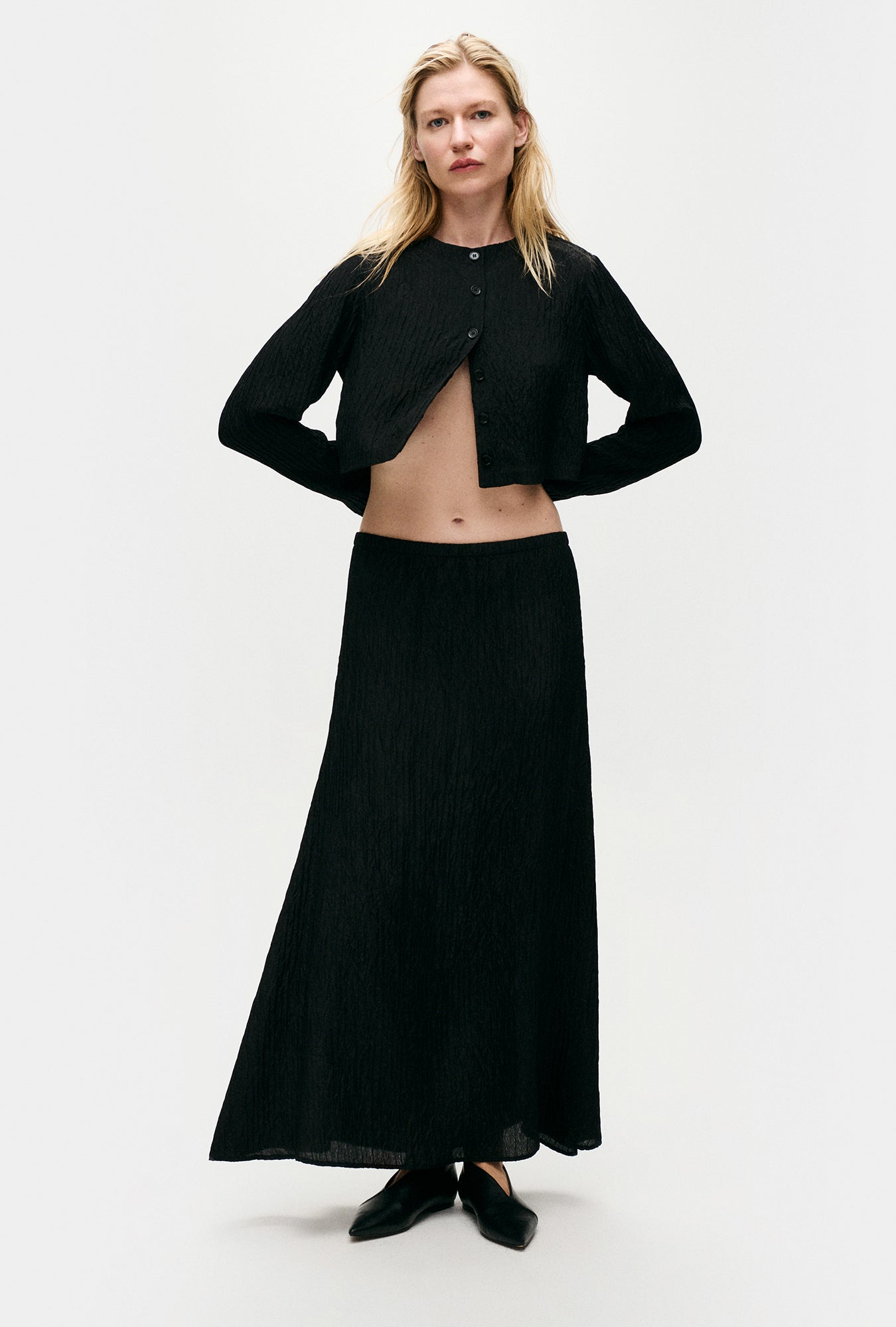 Crinkle Long Bias Cut Skirt Black