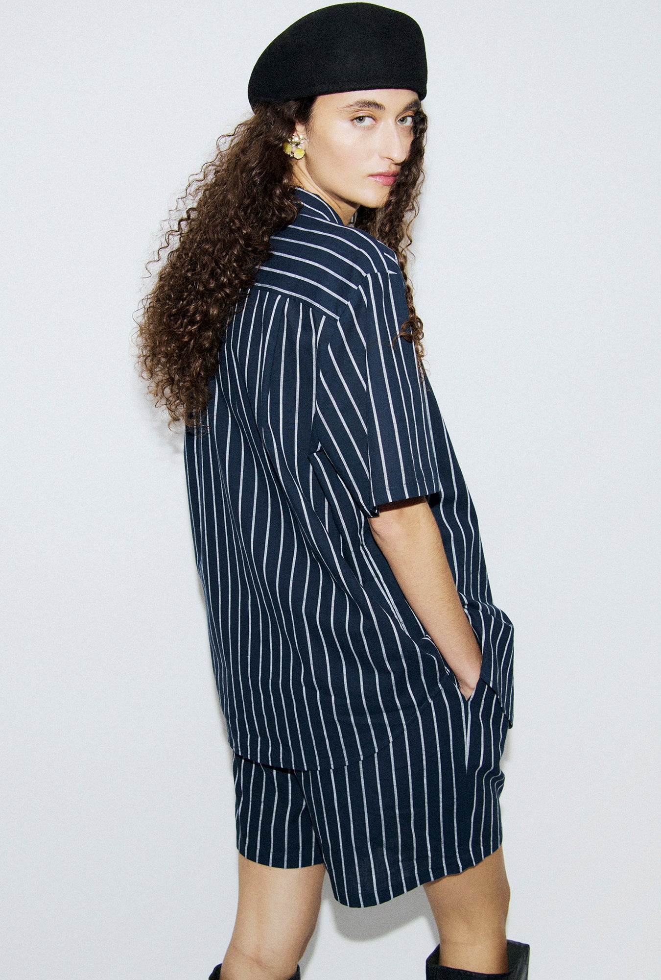 Cotton Short Sleeve Boyfriend Shirt Egret Stripe