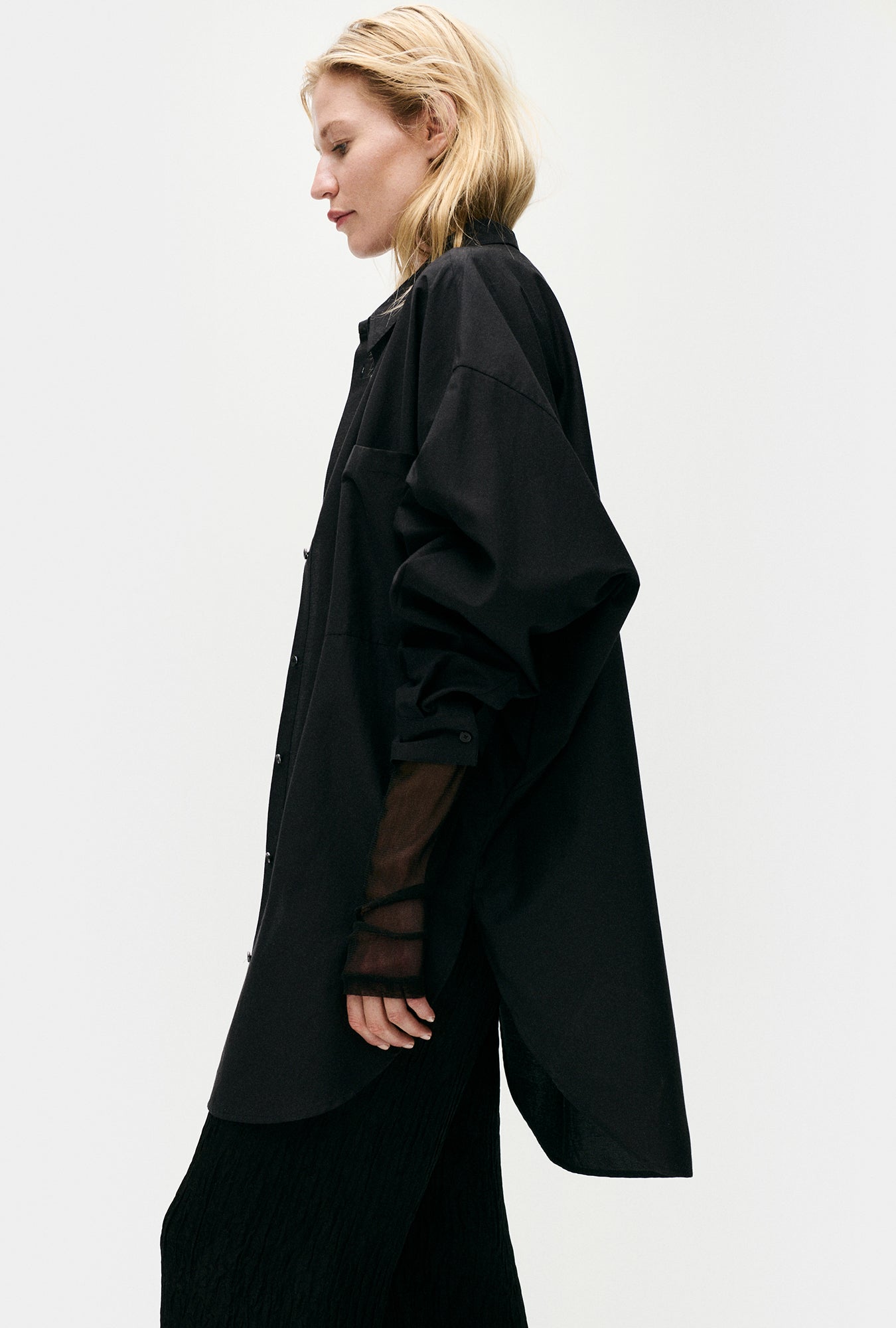 Cotton Silk Round Shirt Black