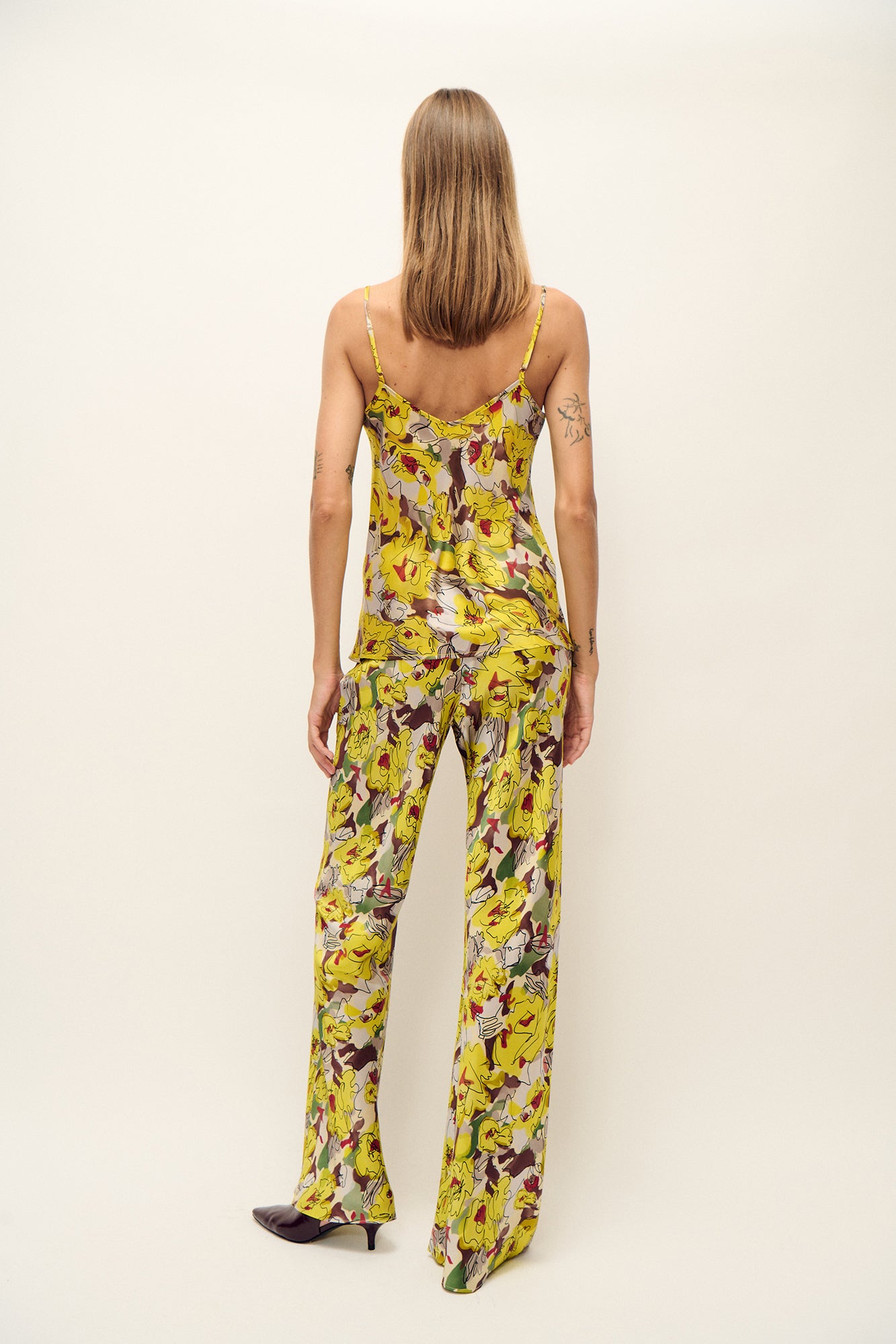 Pantalon coupe en biais motif floral tournesol