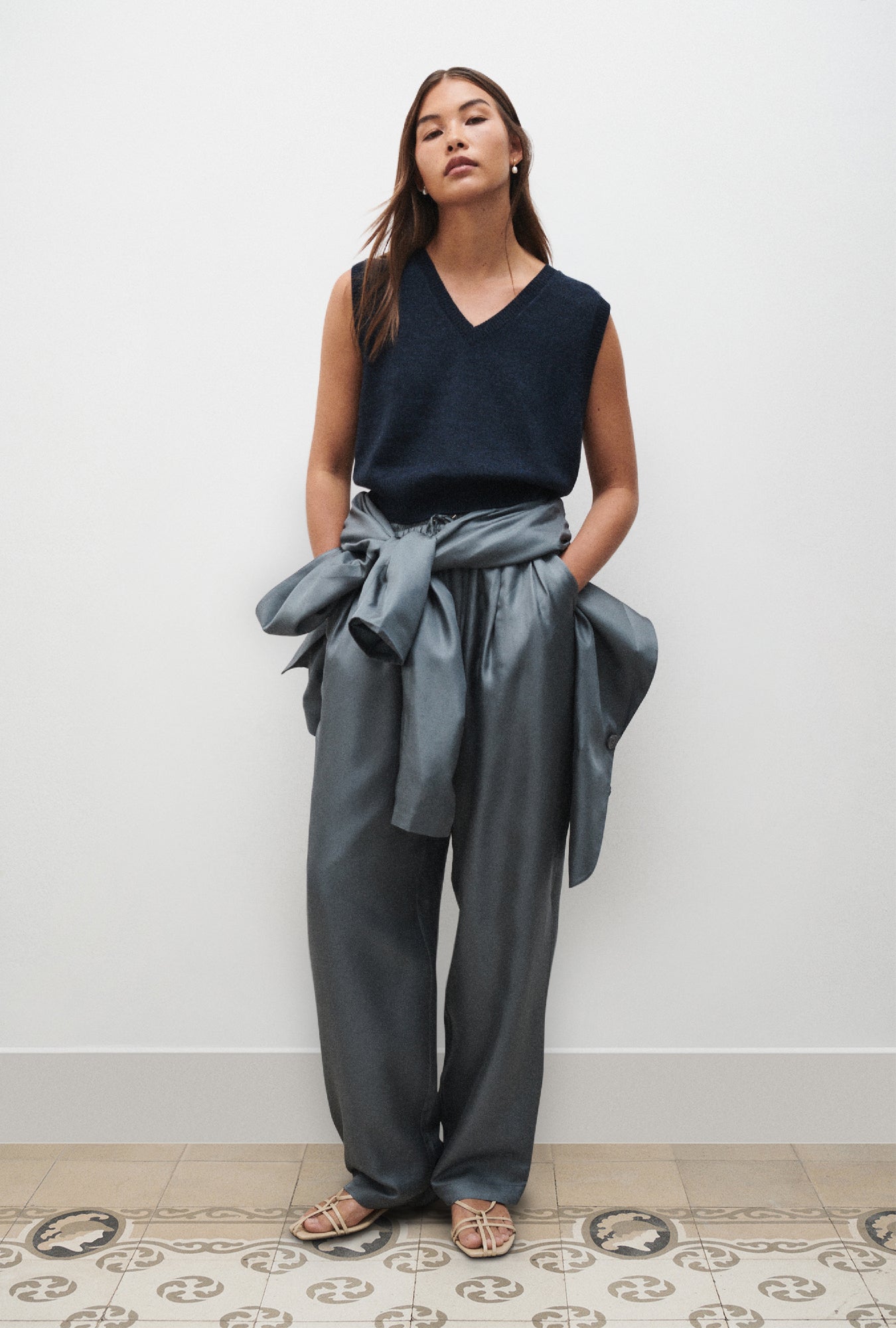 Gilet sans manches en maille col V bleu chiné