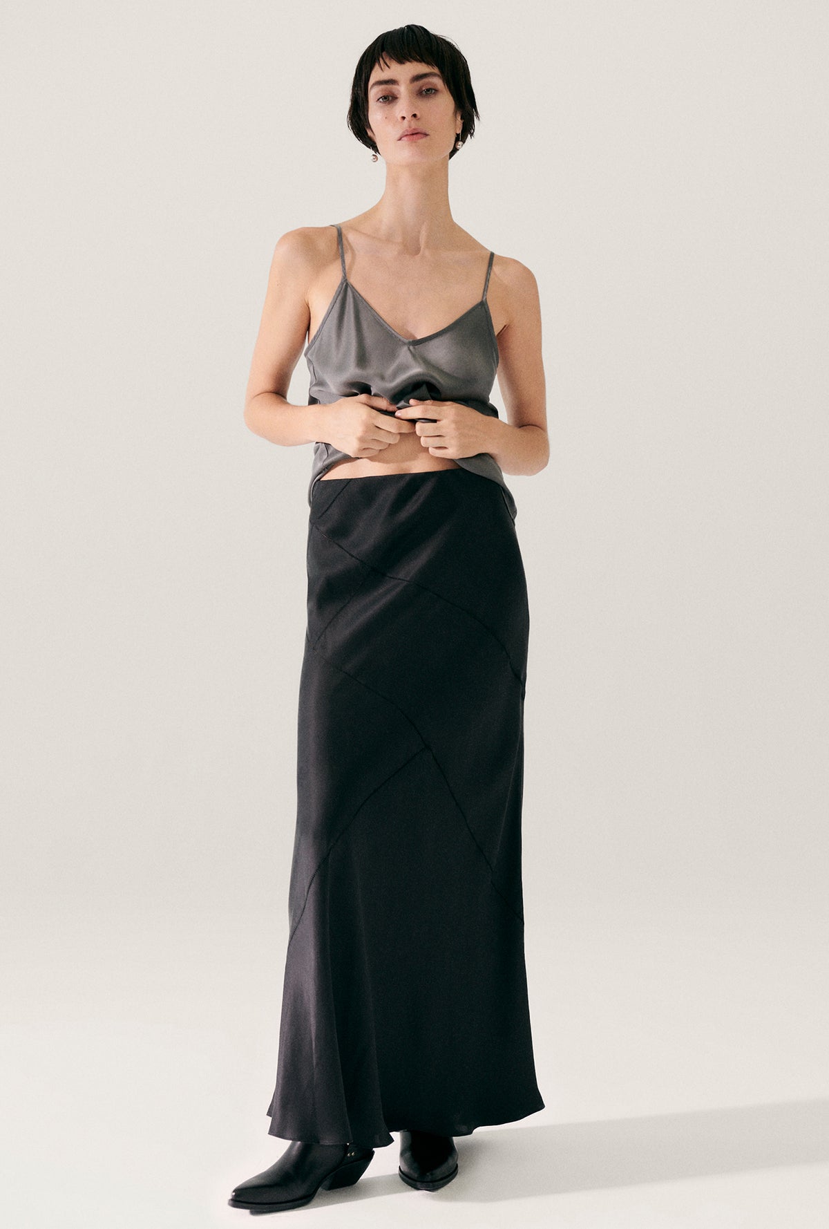 Splice Long Bias Cut Skirt Black