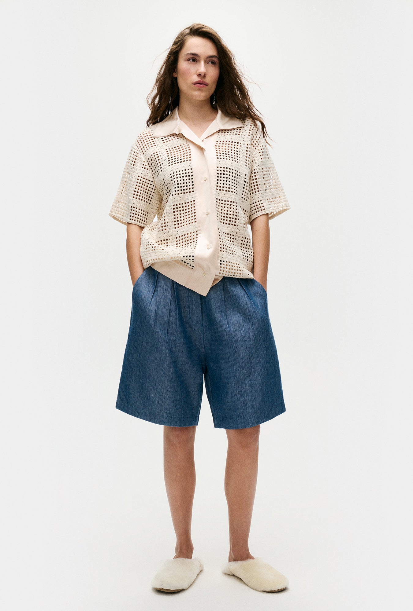 Chemise Grand-Père en Coton Quadrillé Naturel