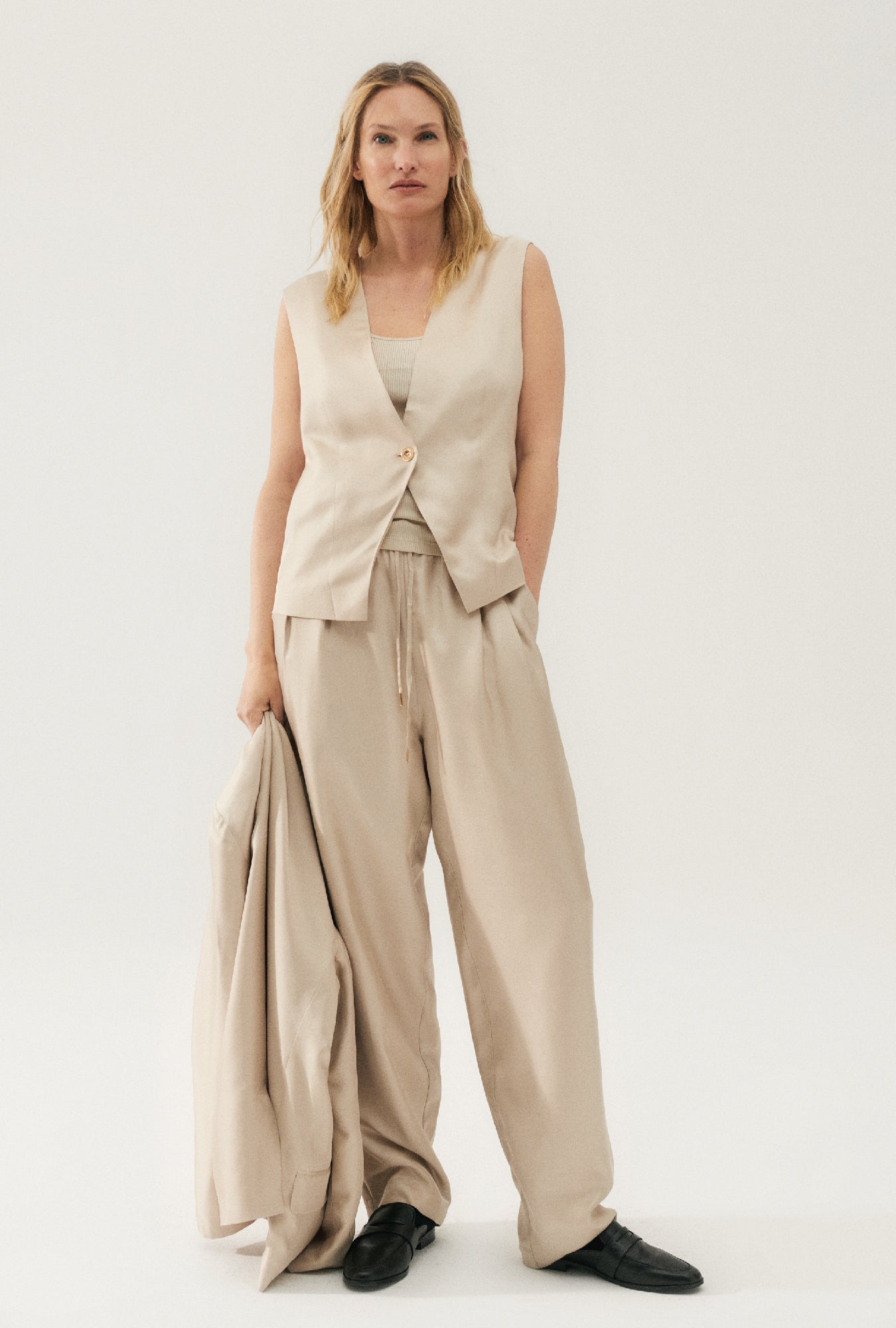 Gilet ample en sergé noisette