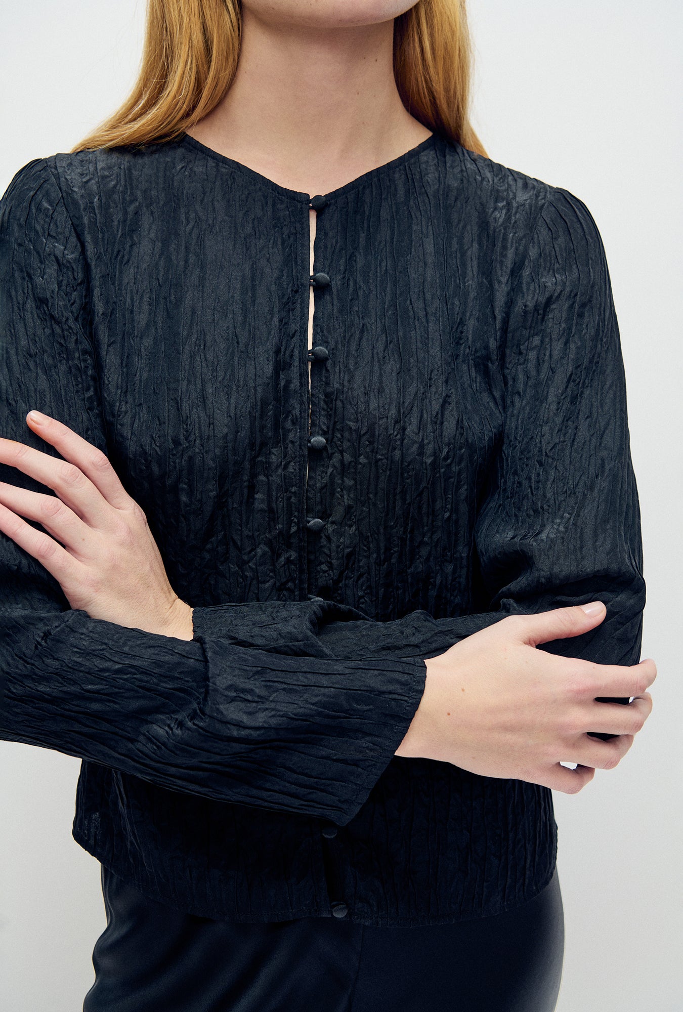 Crinkle Long Sleeve Top Black