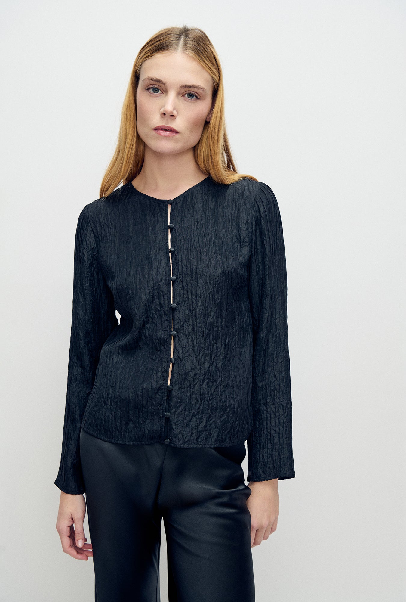 Crinkle Long Sleeve Top Black