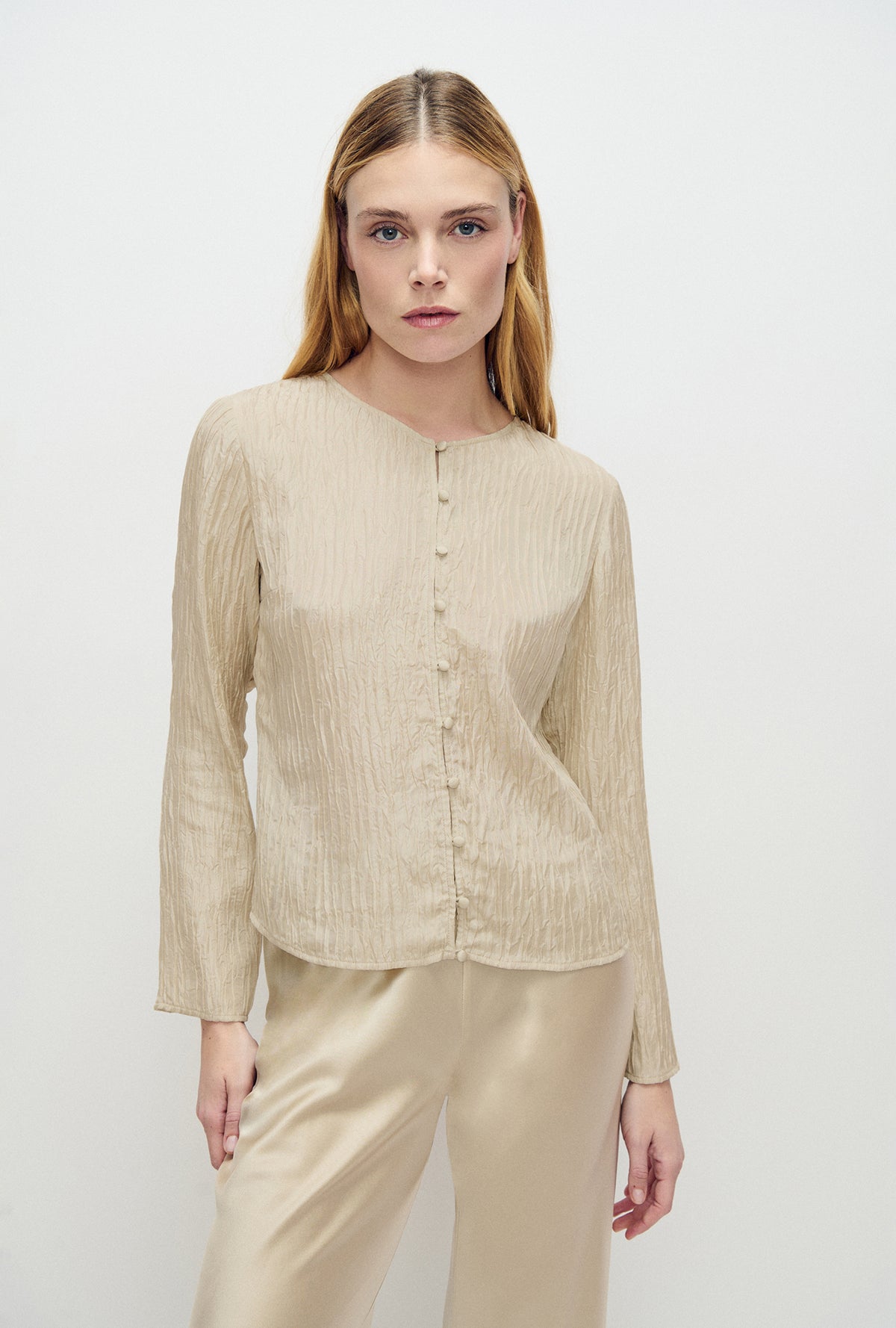Crinkle Long Sleeve Top Hazelnut
